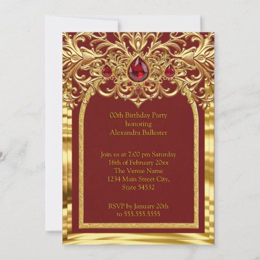 Birthday Party Regal Red Gold Lace Diamonds Gems Einladung (Rückseite)
