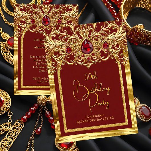 Birthday Party Regal Red Gold Lace Diamonds Gems Einladung