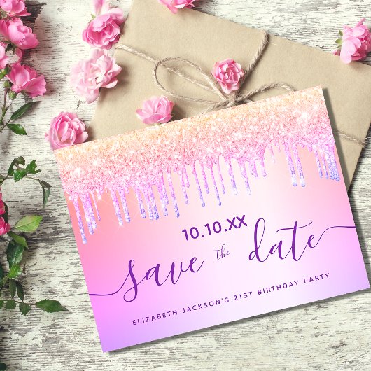Birthday Party Regenbogen Glitzer rosa Save the Da Postkarte