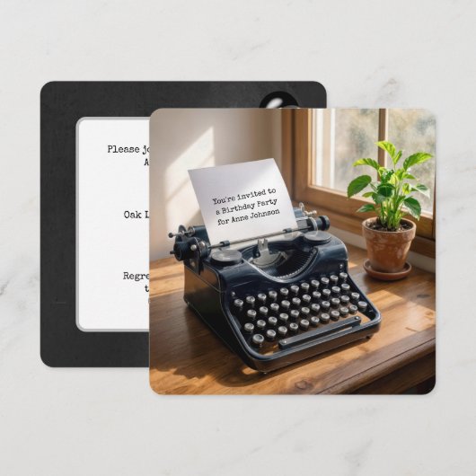 Birthday Party Retro Typewriter by a Window Einladung (Vorne/Hinten)