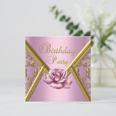 Birthday Party Rosa Damask Gold Image Einladung (Stehend Vorderseite)