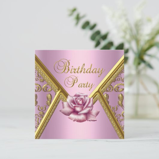 Birthday Party Rosa Damask Gold Image Einladung (Stehend Vorderseite)