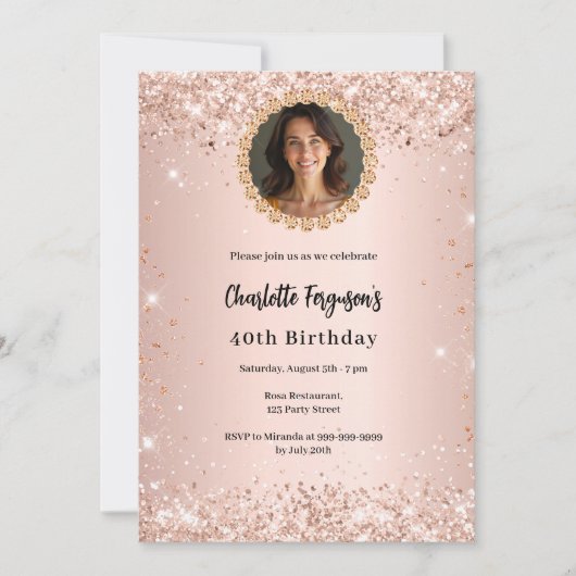 Birthday party rose gold diamond photo einladung (Vorderseite)
