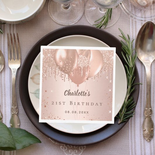 Birthday party rose gold glitter balloons luncheon serviette