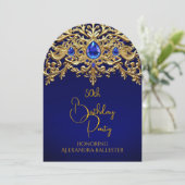Birthday Party Royal Blue Gold Lace Diamonds Gems Einladung (Stehend Vorderseite)