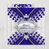Birthday Party Royal Blue White Heart Diamond Einladung (Vorne/Hinten)