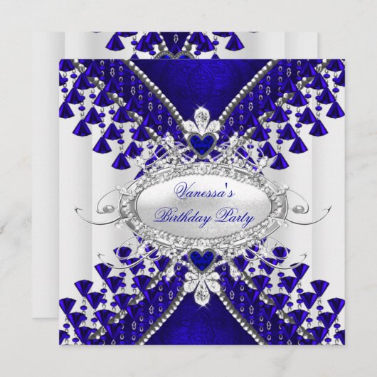 Birthday Party Royal Blue White Heart Diamond Einladung (Vorne/Hinten)
