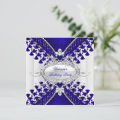 Birthday Party Royal Blue White Heart Diamond Einladung (Stehend Vorderseite)