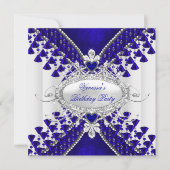 Birthday Party Royal Blue White Heart Diamond Einladung (Vorderseite)