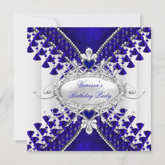Birthday Party Royal Blue White Heart Diamond Einladung (Vorderseite)
