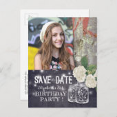Birthday Party Save the Date Mason Jars Hydrangeas Einladungspostkarte (Vorne/Hinten)