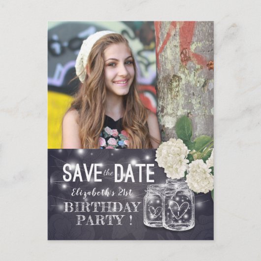 Birthday Party Save the Date Mason Jars Hydrangeas Einladungspostkarte (Vorderseite)