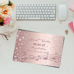 Birthday Party Save the Date rose gold glam Postkarte<br><div class="desc">A Save the date card for a girly 50th (or any age) birthday party. On front: Rose gold faux metallic looking background decorated with faux diamond sprinkle and rose gold music notes . Templates for a name and date. Dark rose gold colored letters. The name and the text: Save the...</div>