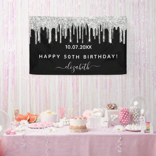 Birthday Party Schwarz-Silber-Glitzer Funkelglasur Banner (Party)