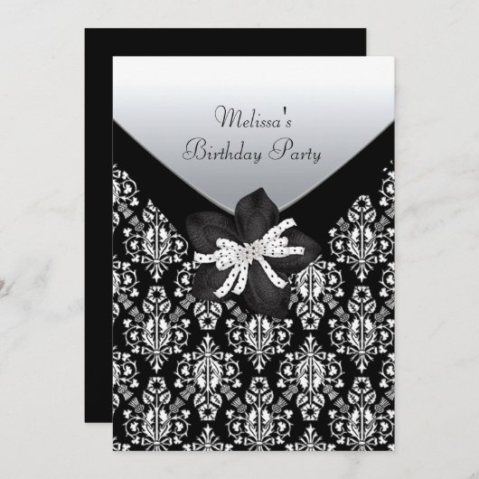 Birthday Party Schwarz-weiß Damask Einladung (Vorne/Hinten)