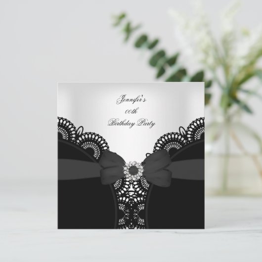 Birthday Party Schwarz-weiß Lace Diamond Top Einladung (Stehend Vorderseite)
