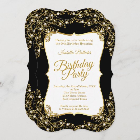 Birthday Party schwarze Gold White Pearls Einladung (Vorne/Hinten)