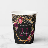 Birthday Party Schwarze Goldfloralen Glitzer Borde Pappbecher (Rückseite)