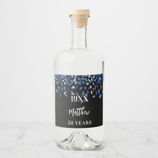 Birthday Party schwarze Marine blauen Konfetti Nam Alkoholflaschenetikett (Vorderseite)