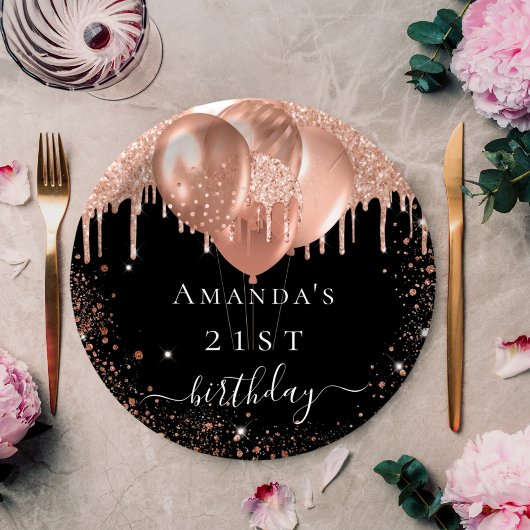 Birthday Party Schwarze Rose Gold Glitzer Ballons Pappteller