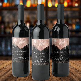 Birthday Party Schwarze Rose Gold Glitzer Ballons Weinetikett