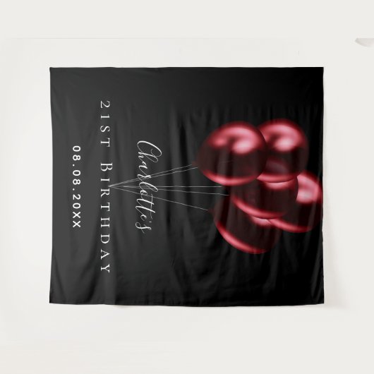 Birthday Party schwarze rote Luftballons Name Wandteppich (Vorderseite (Horizontal))