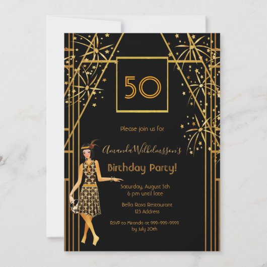 Birthday Party schwarzes Gold im Stil der 1920er J Einladung (Vorderseite)