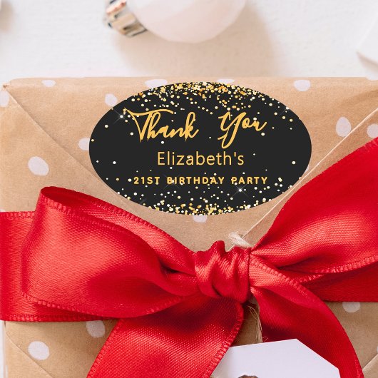 Birthday Party schwarzes Gold Name Danke Ovaler Aufkleber