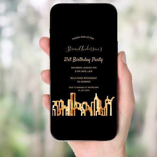 Birthday Party Schwarzes Gold Stadt Skyline Einladung