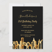 Birthday Party Schwarzes Gold Stadt Skyline Einladung (Vorderseite)