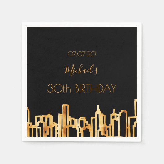 Birthday Party Schwarzes Gold Stadt Skyline Serviette (Vorderseite)