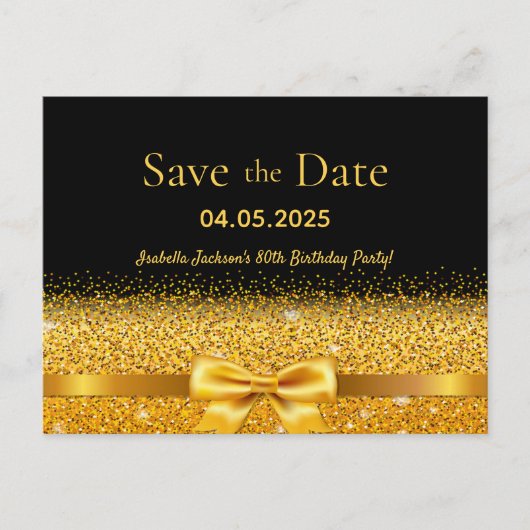 Birthday Party Schwarzgoldenbogen Save the Date Postkarte (Vorderseite)