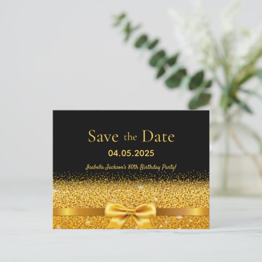 Birthday Party Schwarzgoldenbogen Save the Date Postkarte (Stehend Vorderseite)