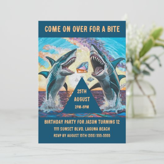 Birthday Party-Shark Chomp Shiny Gems- Einladung (Stehend Vorderseite)