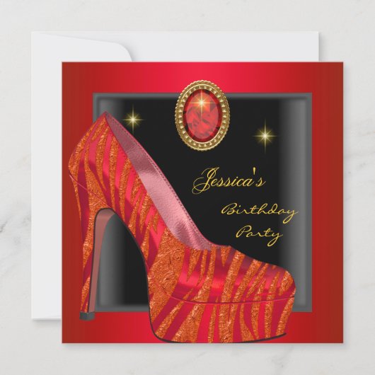 Birthday Party Shoe Gold Red Black Zebra Einladung (Vorderseite)