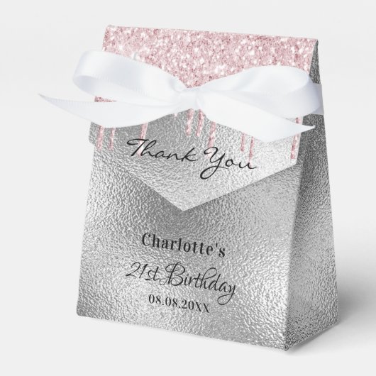 Birthday Party Silber Glitzer Tropfen Rosa Danke Geschenkschachtel (Vorderseite)