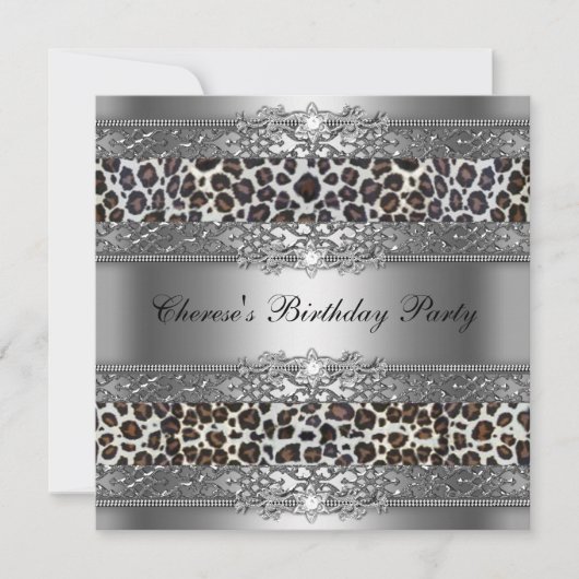 Birthday Party Silver Cheetah Diamond Einladung (Vorderseite)