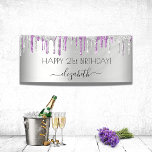 Birthday party silver purple glitter sparkle glam banner<br><div class="desc">A banner for a girly and glamorous 21st (or any age) birthday party. A faux silver metallic looking background with elegant purple and faux silver glitter drips, paint dripping look. The text: Personalize and add a name written in dark rose gold with a large modern hand lettered style script. Perfect...</div>