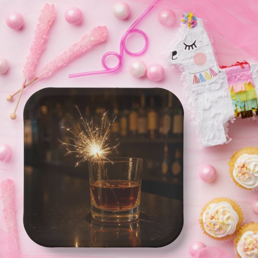 Birthday Party Sparkler In a Glass Of Whiskey Pappteller (Party)