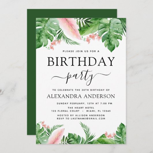 Birthday Party Tropical Palm Floral Wasserfarbe Einladung (Vorne/Hinten)