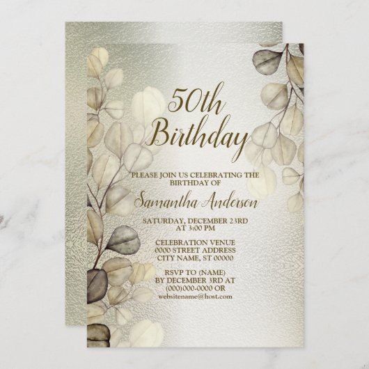 Birthday Party Watercolor Golden Eukalyptus Shiny Einladung (Vorne/Hinten)