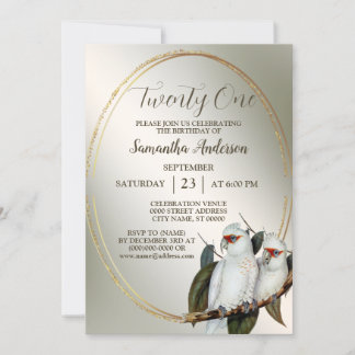 Birthday Party White Birds Cockatoo Green Blätter Einladung