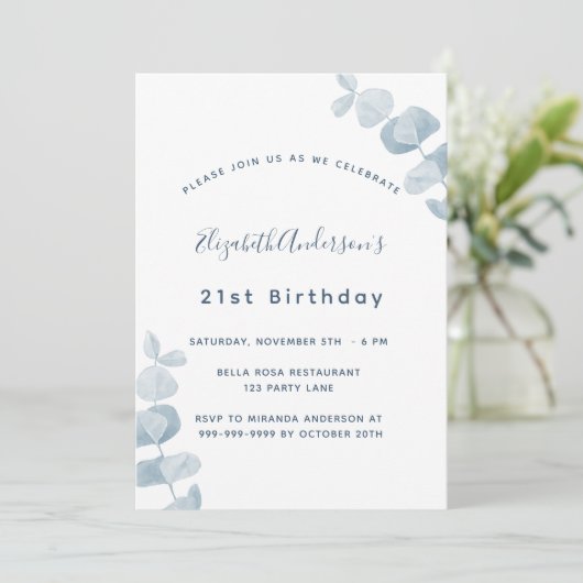 Birthday Party white dusty blue eucalyptus Einladung (Stehend Vorderseite)