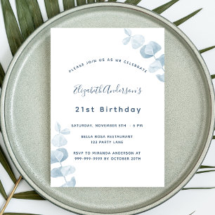 Birthday Party white dusty blue eucalyptus Einladungspostkarte