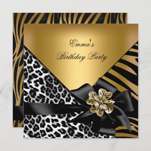 Birthday Party Zebra Leopard Gold Elegante Einladung (Vorne/Hinten)