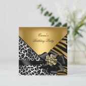 Birthday Party Zebra Leopard Gold Elegante Einladung (Stehend Vorderseite)