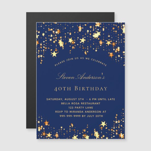 Birthday Partynavy blauen goldenen Sterne Luxus Magneteinladung (Vorne/Hinten)