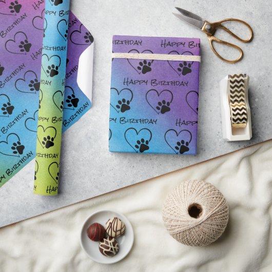 Birthday Paw Print mit Herz auf Regenbogen Geschenkpapier (Kunsthandwerk)