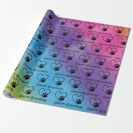 Birthday Paw Print mit Herz auf Regenbogen Geschenkpapier (Ungerollt)