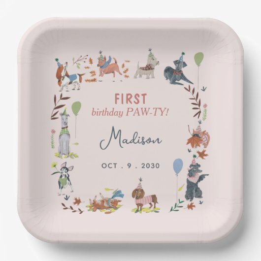 Birthday Paw-ty niedliche Welpenhunde Pappteller (Vorderseite)